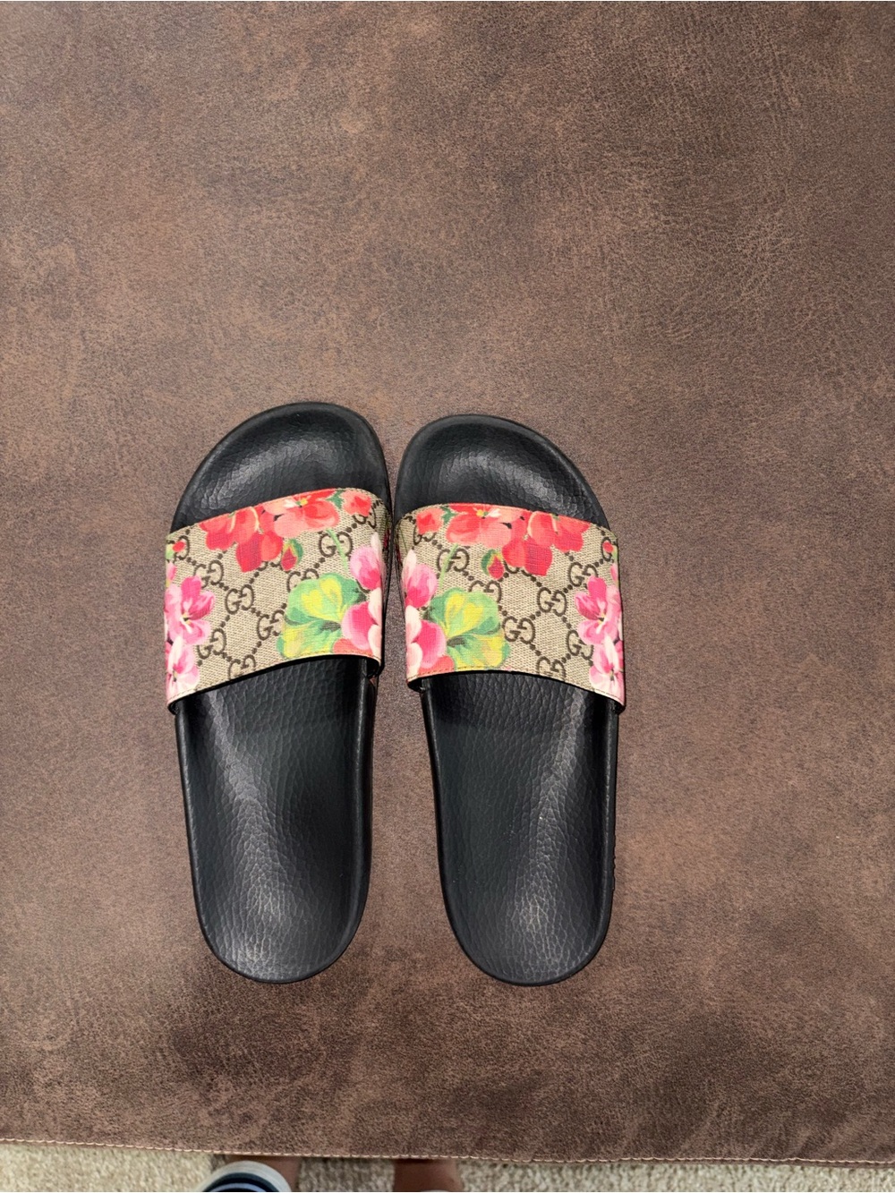 Gucci Black Slide Sandals with Floral GG Canvas Strap